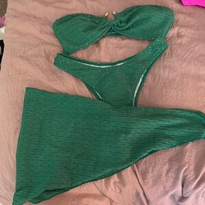 Green Cutout Swimsuit with Skirt